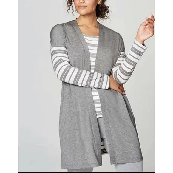 Pure Jill 4X Gray White Stripe Lightweight Open Front Cardigan Sweater Stretch - Picture 1 of 6